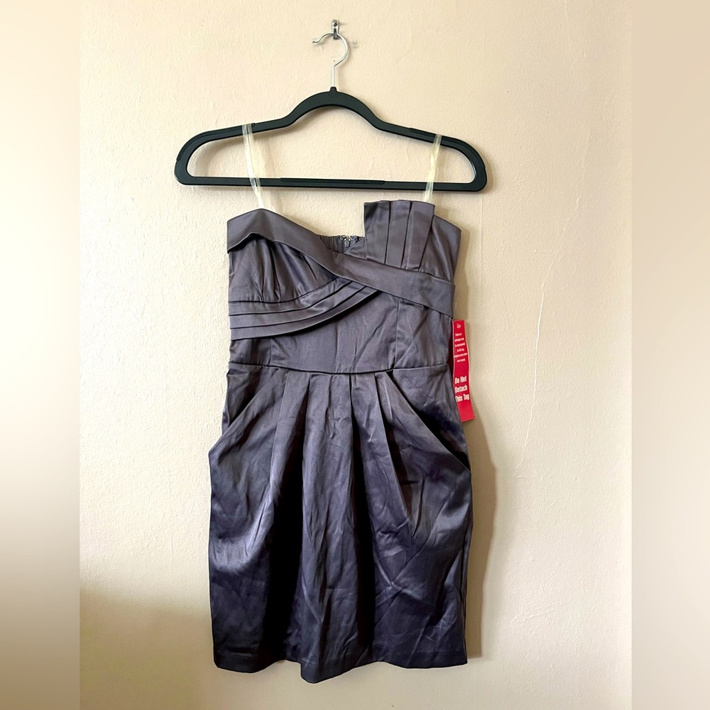 NWT Wishes Wishes Wishes Gray Asymmetrical Pocketed Strapless Mini Dress 3